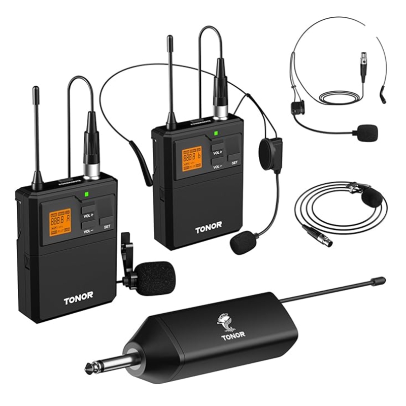 UHF Wireless Microphone System with Dual Headset Microphones/Lavalier Lapel Mics, Bodypack Transmitt