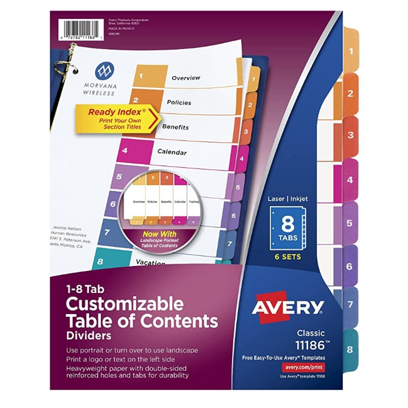 1-8 Number Tab Binder Dividers Set 11186