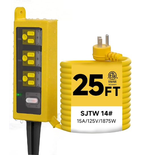 25FT Outdoor Waterproof Extension Cord with 3 Grounded Outlets